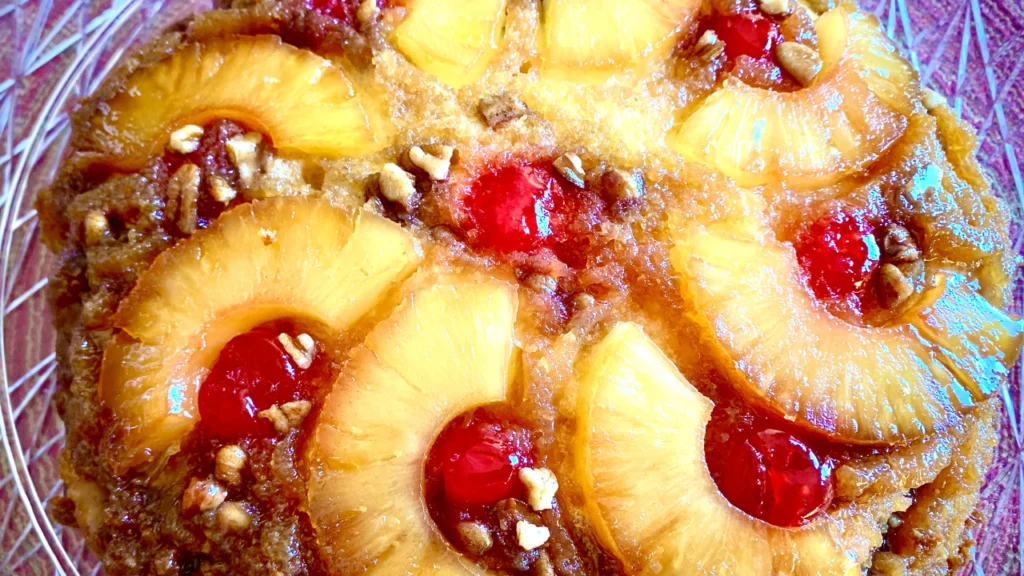 Pineapple Upside Down Cake on a Serving Plate